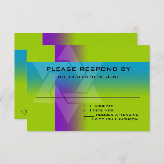 Cartons Réponse Bar Mitzvah violet et turquoise sur n'importe quel (Devant / Derrière)