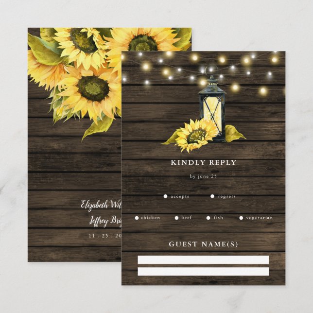 Cartons Réponse Barne Bois Chaîne Lumières Tournesols Mariage (Devant / Derrière)