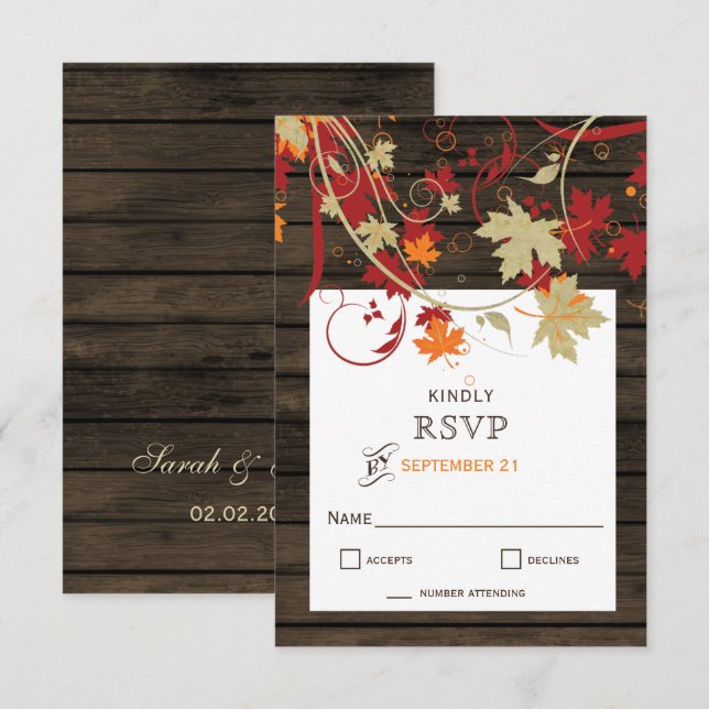 Cartons Réponse Barne Bois Rustique Feuilles Mariage (Devant / Derrière)