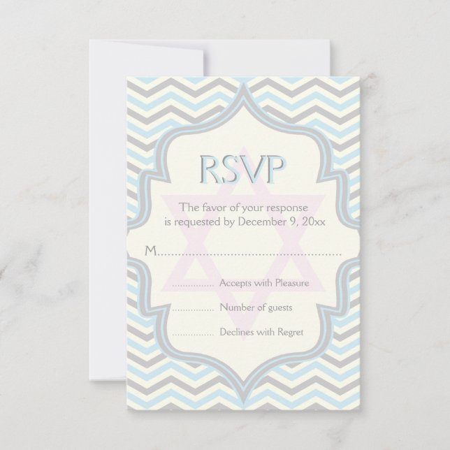 Cartons Réponse Bat mitzvah de zigzag moderne bleu, gris chevron (Devant)