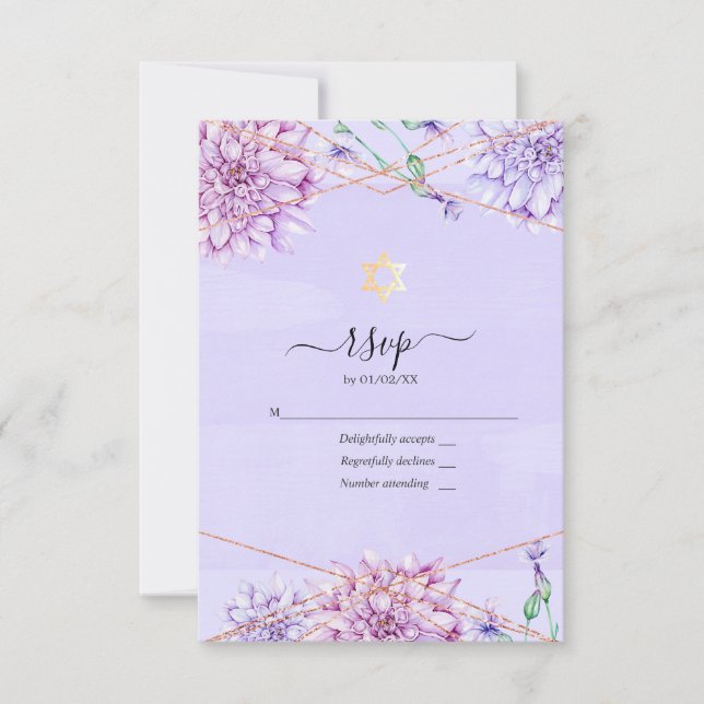 Cartons Réponse Bat mitzvah géométrique Lavande et or Floral (Devant)
