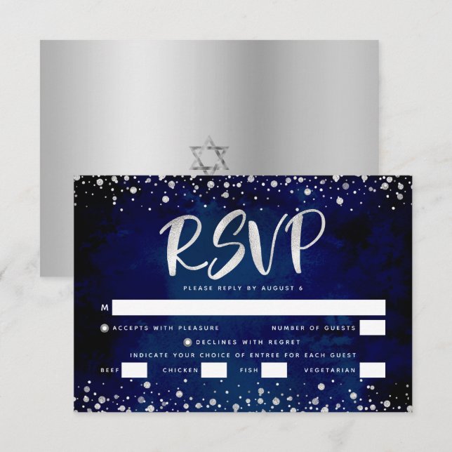 Cartons Réponse Bat mitzvah Marine Aquarelle Argent Script Entrée (Devant / Derrière)