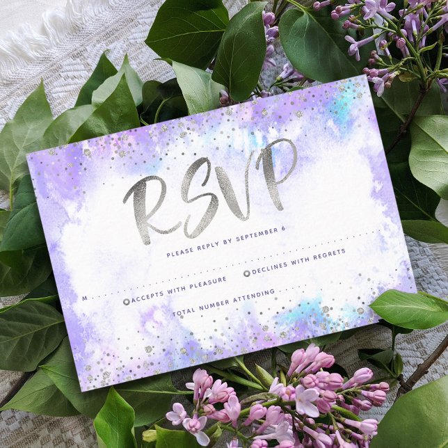 Cartons Réponse Bat mitzvah moderne feuille argent violet aquarell (Créateur téléchargé)
