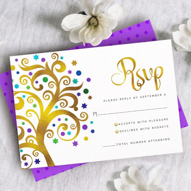 Cartons Réponse Bat mitzvah Purple Gold Foil Arbre de vie moderne (Créateur téléchargé)