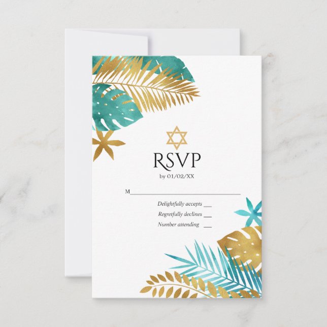 Cartons Réponse Bat mitzvah turquoise et Gold Tropical (Devant)