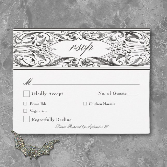 Cartons Réponse Batte victorienne jusqu'à la mort Mariage noir et  (Victorian Bat Until Death Black & White Wedding RSVP Card)