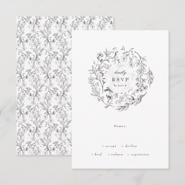 Cartons Réponse Beau Monogramme Floral Mariage de couronne dessiné (Devant / Derrière)