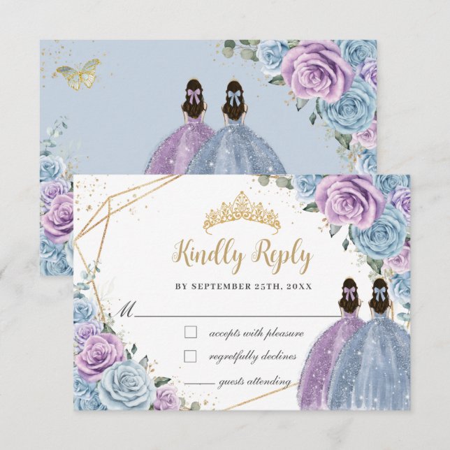 Cartons Réponse Bébé Bleu pourpre Lilac Floral Twins Quinceañera (Devant / Derrière)