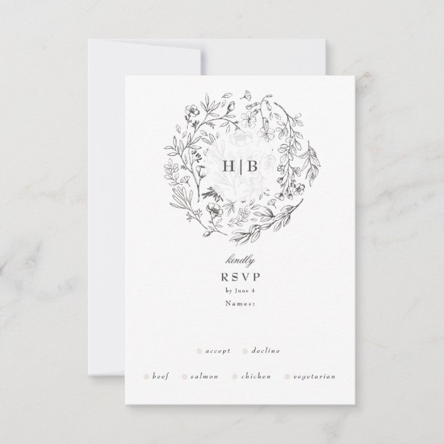 Cartons Réponse Belle Floral Monogramme Sketched Wreath 4 option (Devant)