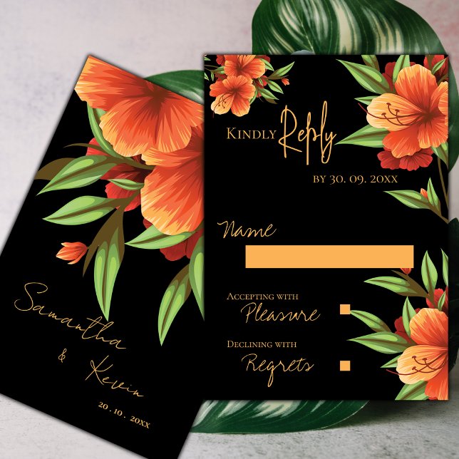 Cartons Réponse Belle jolie Moody Orange Mariage Floral (Beautiful Pretty Dark Moody Orange Floral Wedding RSVP Card)