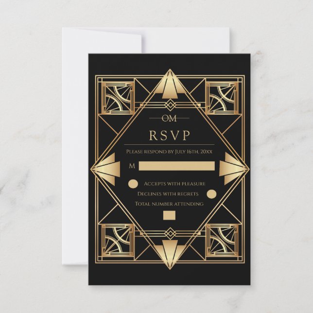 Cartons Réponse Black & Gold Art Deco Geometric Wedding  (Devant)