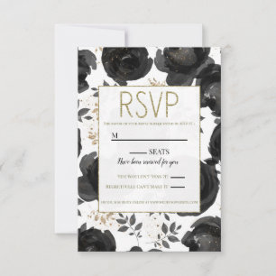 Cartons Réponse Black Gold Floral Glam Feuille Mariage