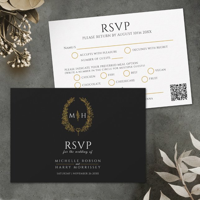 Cartons Réponse Black gold monogram meal option wedding QR code (Créateur téléchargé)