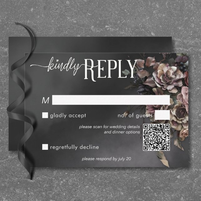 Cartons Réponse Black Moody Gothic Flowers & Mist QR Code (Black Moody Gothic Flowers & Mist QR Code RSVP Card)