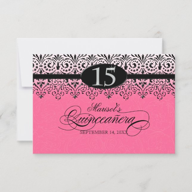 Cartons Réponse Black n White dentelle Look argent 15e Quinceanera (Devant)