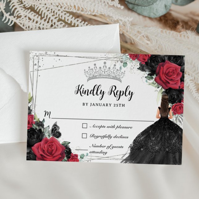 Cartons Réponse Black Red Floral Argent Princesse Gown Quinceañera (Créateur téléchargé)