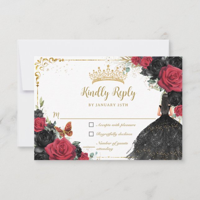 Cartons Réponse Black Red Floral Gold Princesse Gown Quinceañera (Devant)