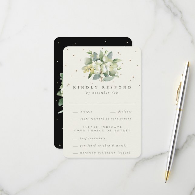 Cartons Réponse Black Snowberry+Eucalyptus Bouquet Mariage (Devant/Arrière en situation)