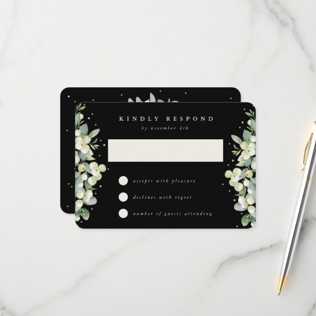 Cartons Réponse Black Snowberry+Eucalyptus Mariage (Devant/Arrière en situation)