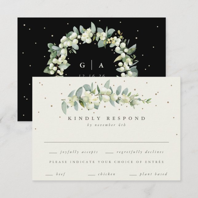 Cartons Réponse Black Snowberry+Eucalyptus Mariage à tige (Devant / Derrière)