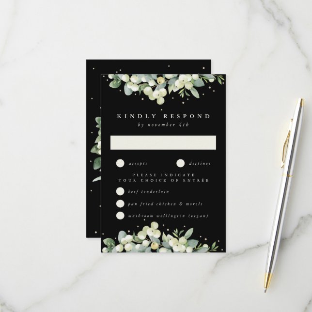 Cartons Réponse Black Snowberry+Eucalyptus Mariage bordé (Devant/Arrière en situation)