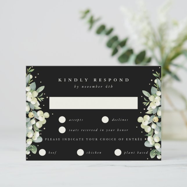 Cartons Réponse Black Snowberry+Eucalyptus Mariage bordé (Debout devant)