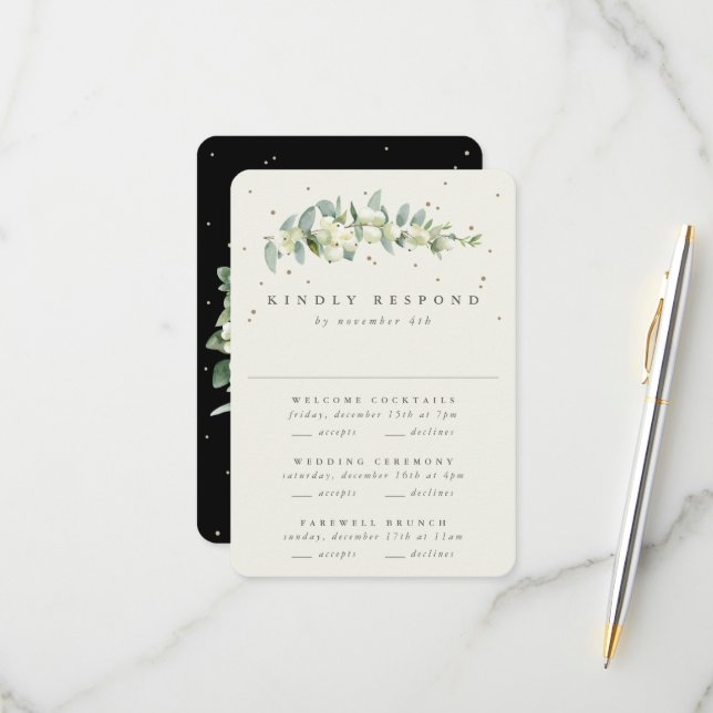 Cartons Réponse Black Snowberry+Eucalyptus Mariage Multi-événement (Devant/Arrière en situation)
