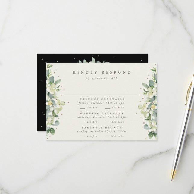 Cartons Réponse Black Snowberry+Eucalyptus Mariage Multi-événement (Devant/Arrière en situation)