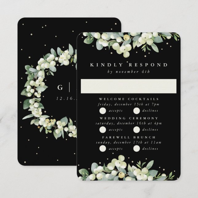 Cartons Réponse Black Snowberry+Eucalyptus Mariage Multi-événement (Devant / Derrière)