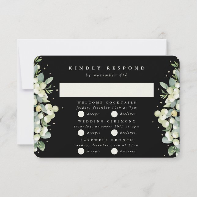 Cartons Réponse Black Snowberry+Eucalyptus Mariage Multi-événement (Devant)