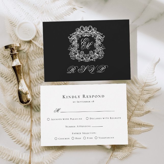 Cartons Réponse Black White Monogram Crest Elegant Wedding (Créateur téléchargé)