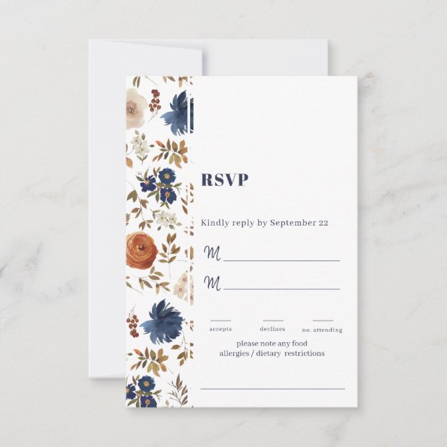 Cartons Réponse Blanc bleu rouille Pays Français Floral Mariage (Devant)