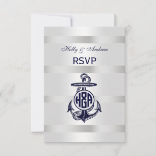 Cartons Réponse Bleu Ancre Argent Blanc Marine Monogramme 33