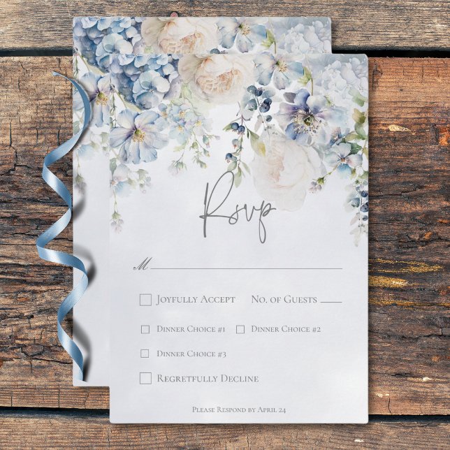 Cartons Réponse Bleu & Blanc Floral Moderne Dîner Mariage (Blue & White Floral Modern Wedding Dinner RSVP Card)