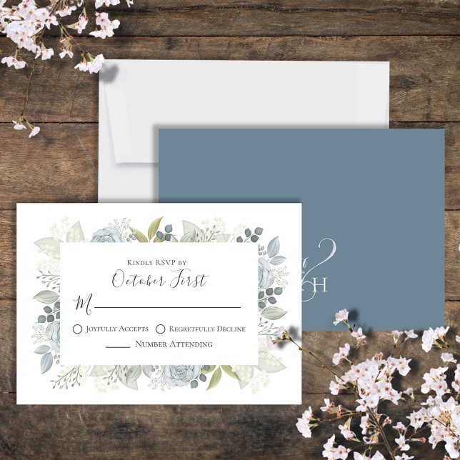 Cartons Réponse Bleu classique Floral Simple élégante calligraphie (Classic Wedding RSVP card with a beautiful watercolor blue floral design. )