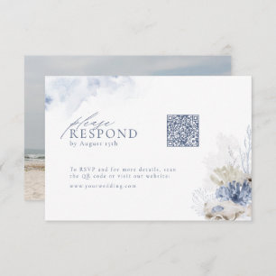 Cartons Réponse Bleu corail & coquillages mariage plage code QR