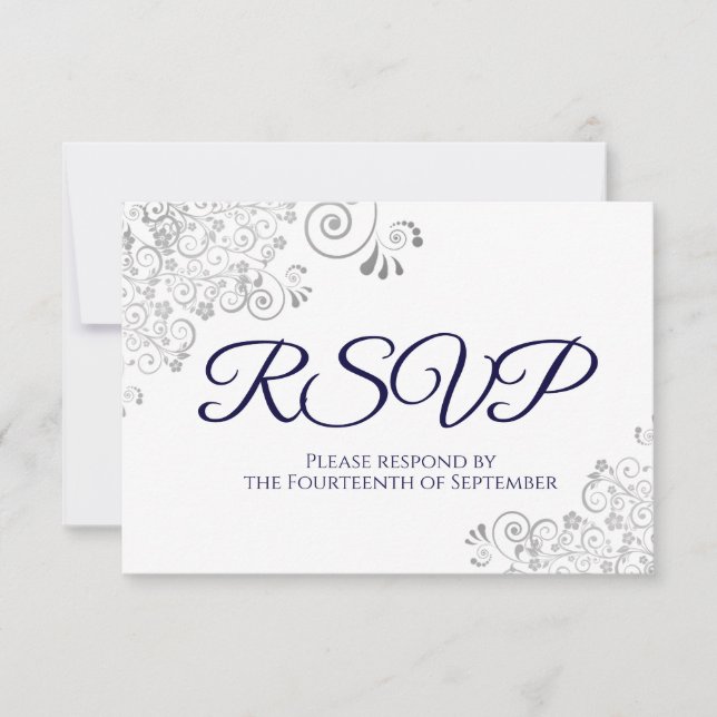 Cartons Réponse Bleu de marine sur blanc Elegant Mariage de dentel (Devant)