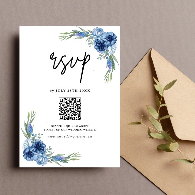 Cartons Réponse Bleu Dusty joli Mariage de code QR Floral (Créateur téléchargé)