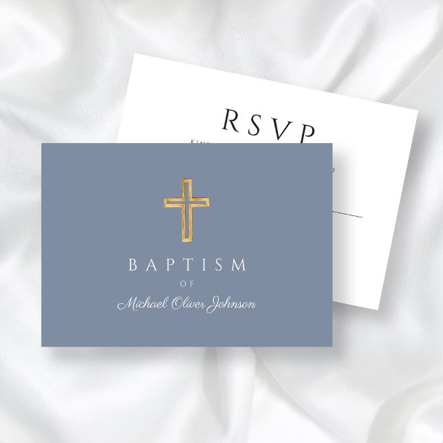 Cartons Réponse Bleu Dusty Religieux Bois Croix Baptême garçon (Dusty Blue Religious Wood Cross Boy Baptism RSVP Card)