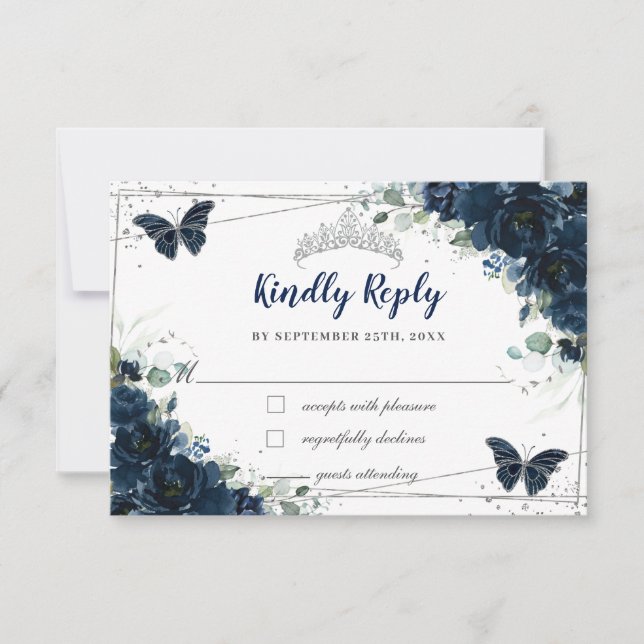 Cartons Réponse Bleu floral bleu papillons en argent Quinceañera (Devant)