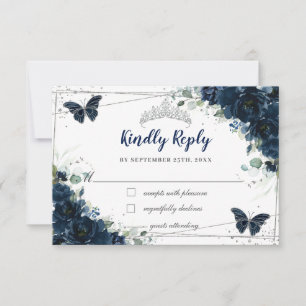 Cartons Réponse Bleu floral bleu papillons en argent Quinceañera