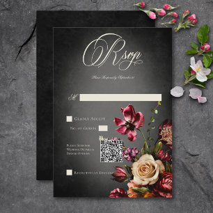 Cartons Réponse Bleu foncé élégant Automne Floral Mariage QR Code