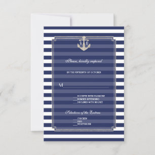 Cartons Réponse Bleu Nautique Bleu Stripes Argent Ancre Mariage RS