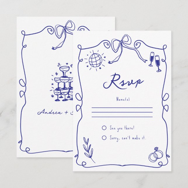 Cartons Réponse Bleu Quirky Whimsical Quirky Main dessinée Mariage (Devant / Derrière)