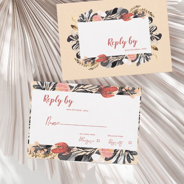 Cartons Réponse Bleu romantique et Mariage botanique floral noir (Romantic Blush & Black Floral Botanical Wedding RSVP Card)