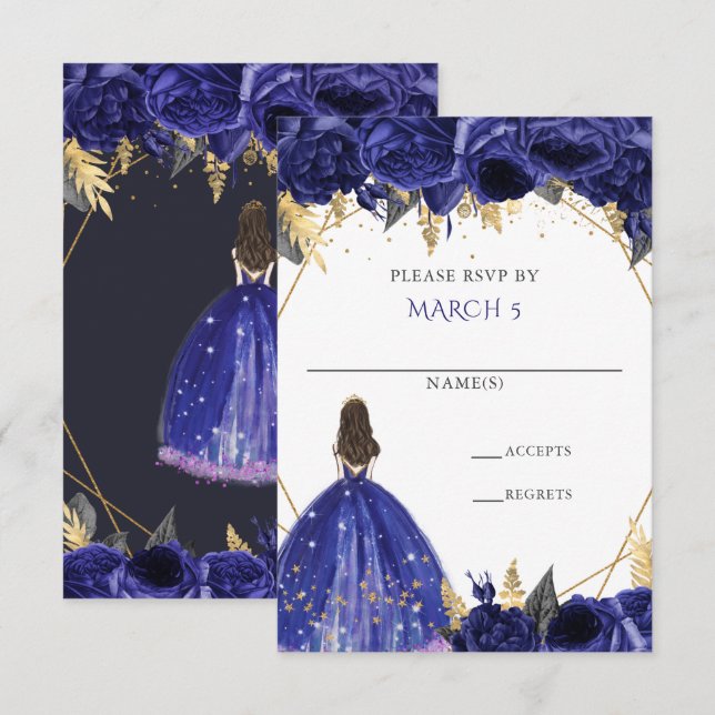 Cartons Réponse Bleu Royal Or Floral Princesse Quinceanera (Devant / Derrière)