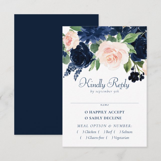 Cartons Réponse Blooms Chics | Floral bleu marine et rose pâle (Devant / Derrière)