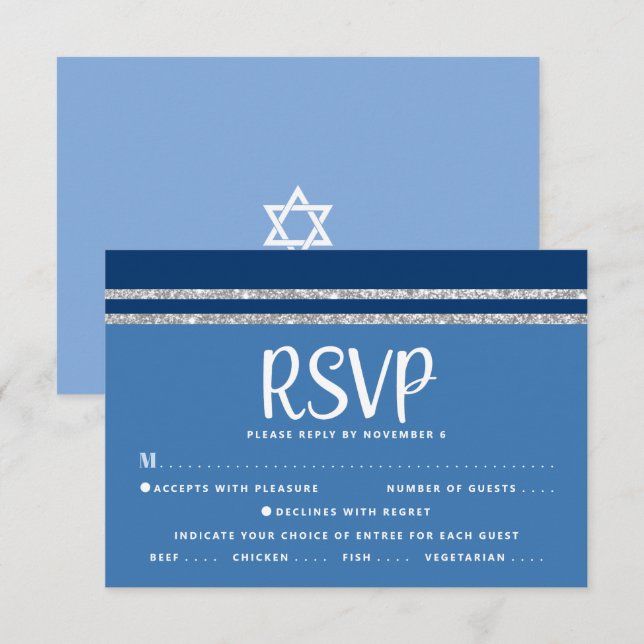Cartons Réponse Blue Bar Mitzvah Silver Tallit Script Bold Modern (Devant / Derrière)