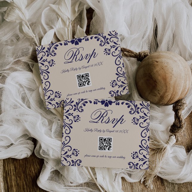 Cartons Réponse Blue Beige Floral Wedding QR (Créateur téléchargé)