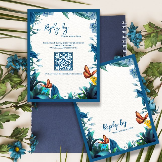 Cartons Réponse Blue Botanical Butterfly QR Code Wedding reply By (Blue Botanical Butterfly QR Code Wedding reply By RSVP Card)